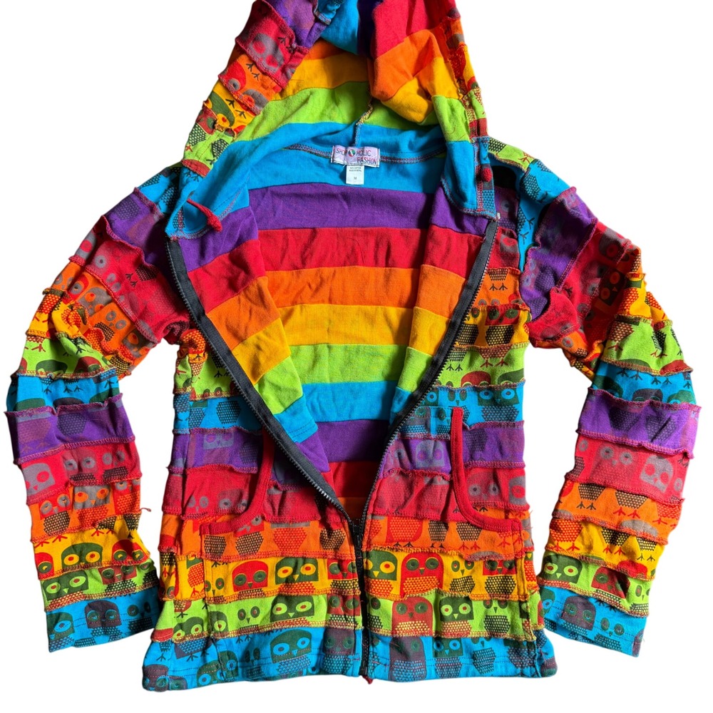 Boho Rainbow Owl Patchwork Hoodie Pixie Hood Hipp… - image 2